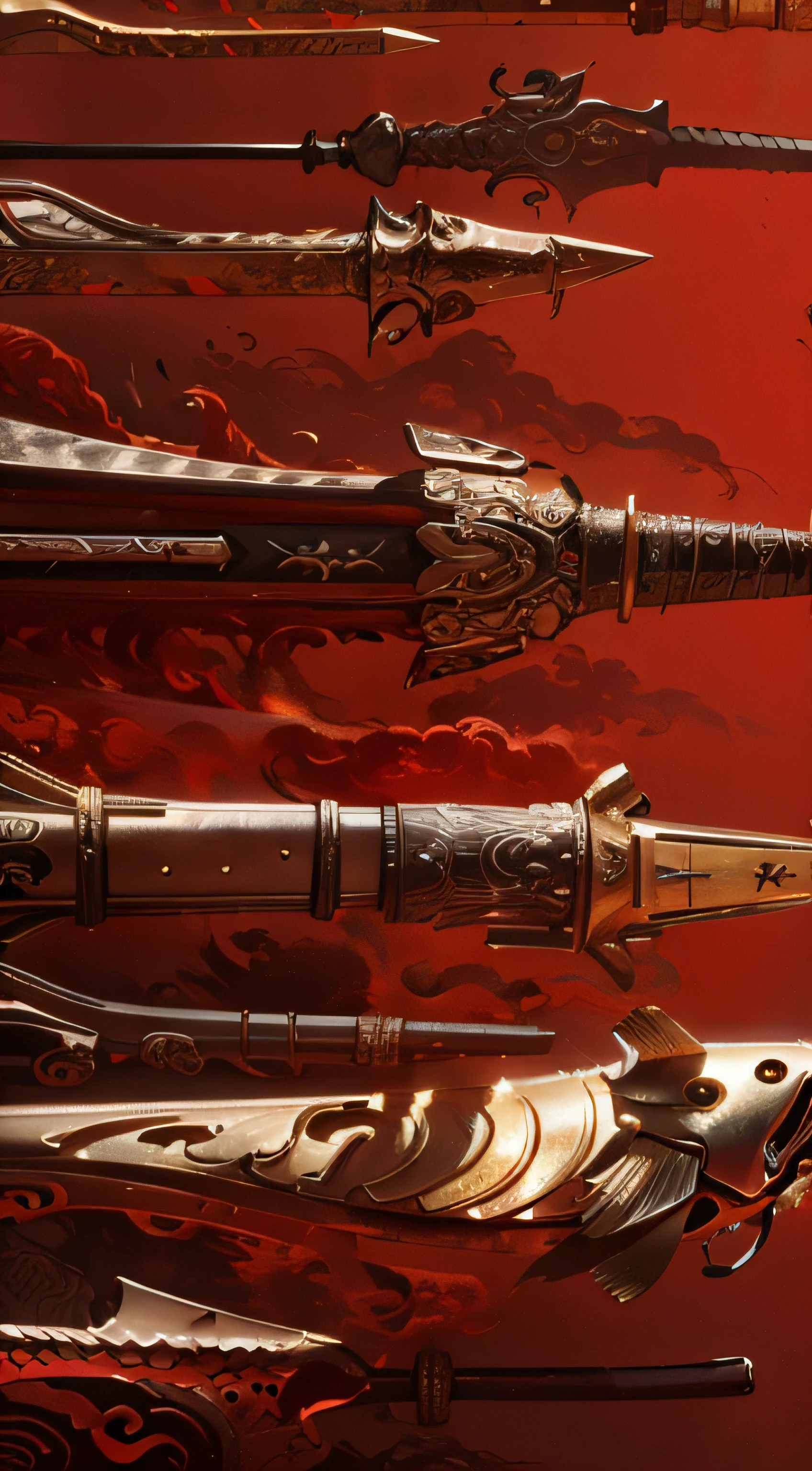 ((best qualtiy)), ((tmasterpiece)), (The is very detailed:1.3),Epic composition,Ancient wind,Chinese martial arts style,8k wallpaper,((Sword Parallel Fly 2.0))(Swords, clubs, and clubs 1.8),Sense of speed,Spears and clubs,Halberd,(Ancient Cold Weapons),foreground,Cloud smoke background,Black tones,smog,Atmospheric lighting , (super detailed art)