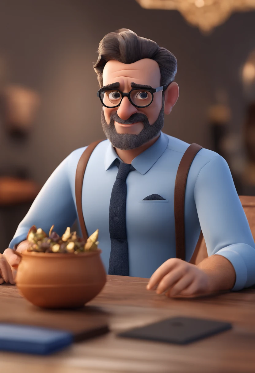 Cartoon character of a man with black glasses and a blue shirt, animation character, Caractere estilizado, animation style rendering, 3D estilizado, Arnold Maya render, 3 d render stylized, toon render keyshot, Personagem 3D, Personagem 3D, 3d rendering stylized, 3 d character render, personagem de desenho animado, Personagem de close up, Pose de personagem, (Estilo Pixar) (master part:1.2) (Bokeh) (best quality) (pele detalhada) (textura detalhada) (8k) (argila) (Cinematic lighting) (foco nítido