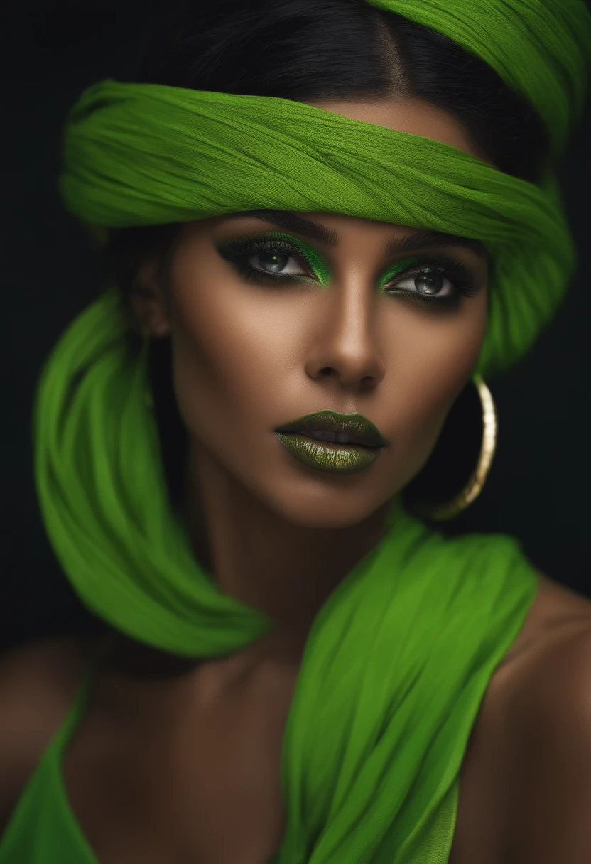 Mujer ultrarrealista, cabello negro, ojos verdes, looks directly at camera, Cara sexy