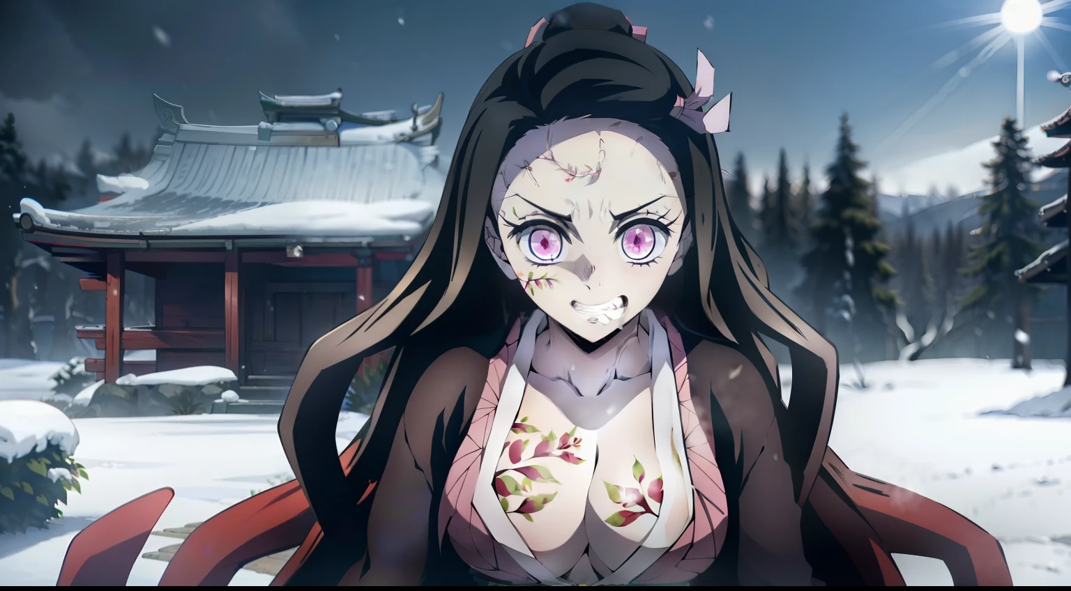 vulgar, stands, stands at full height, Erotica, naked breasts, teats, Camera from above, Frame from above, the night, Lights, looks at the viewer, ssmile, grin, full-length photo, Panoramic view, Masterpiece, Best Quality, 1girl, Enraged Nezuko, pink kimono, Cracked skin, large breasts, cleavage, multi-colored hair, Evil grin, fingernails, looking a viewer, Walking, In the snow, japanese temple, night time, luna, upper-body, Best Quality, High Resolution, photorealestic, photogenic, Unity 8k壁纸, (illustartion: 0.8), (Beautiful detailed pink eyes: 1.6), perfect lighting, extremely detailed CGI , (perfect arms, perfect anatomy), 18 year old girl with perfect breasts, beatiful face, master study, intricate details, Detalhes realistas, the anime, (По мотивам Demon Slayer Kimetsu no Yaiba Nezuko Kamado) the perfect body, Perfect Pointed Breasts, The Perfect Girl, perfect details, Ultra HD |, 8K, Professional photo, Kimetsu no Yaiba Sexy Nezuko Kamado shows off her sexy body with a leaf tattoo, Joyful expression on his face,