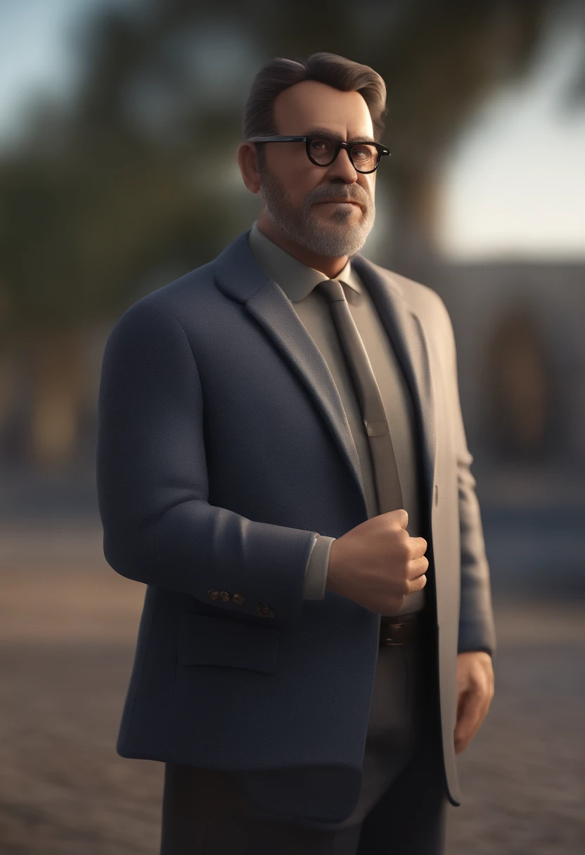 Cartoon character of a man wearing black glasses and a blue shirt, um personagem animado, Caractere estilizado, animation style rendering, 3D estilizado, Arnold Maya render, 3 d render stylized, toon render keyshot, Personagem 3D, Personagem 3D, 3d rendering stylized, 3 d character render, personagem de desenho animado, Personagem de close up, Pose de personagem, (Estilo Pixar) (master part:1.2) (Bokeh) (best quality) (pele detalhada) (textura detalhada) (8k) (argila) (Cinematic lighting) (foco nítido，Senta e vaza a parte superior do corpo