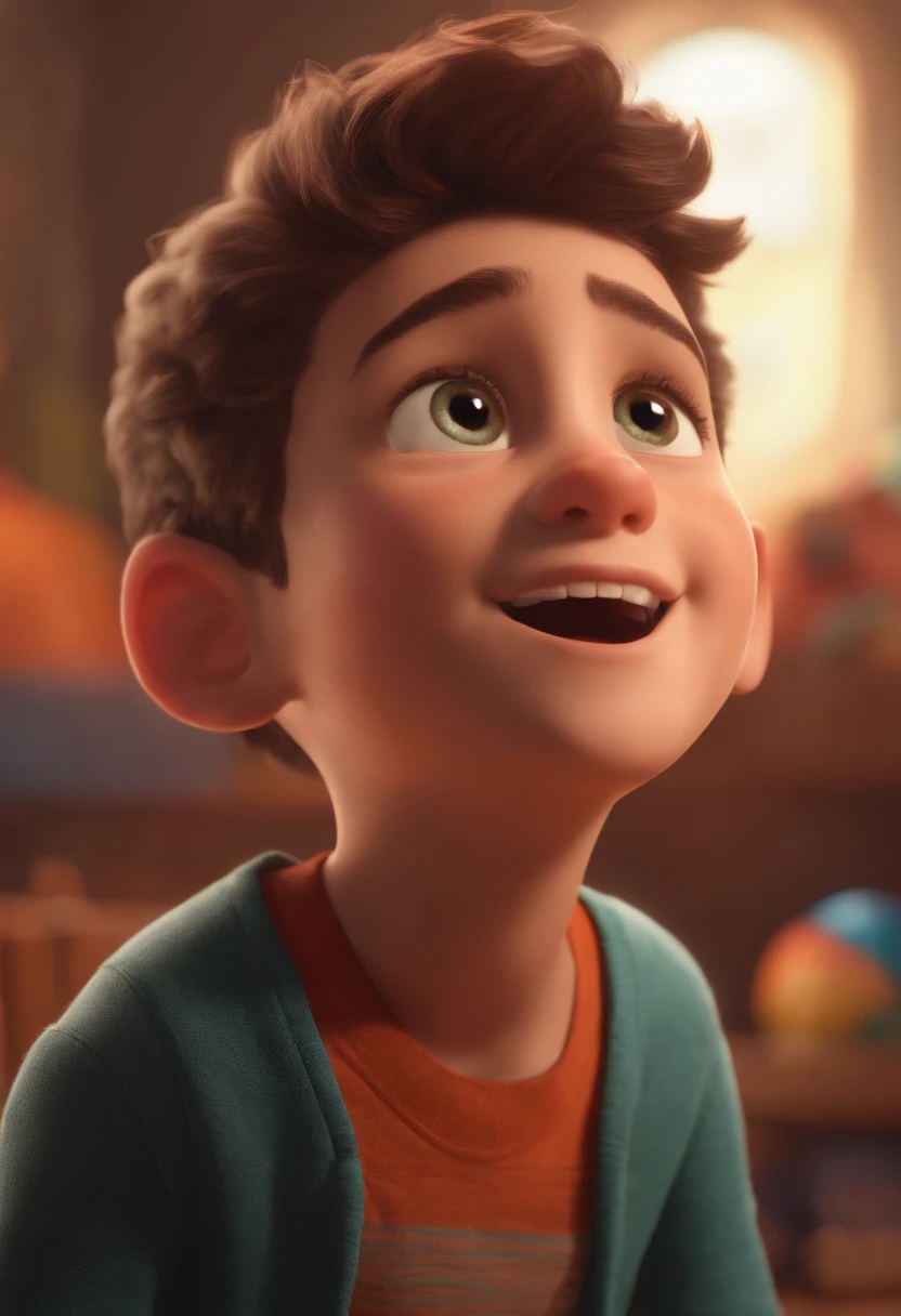 Image of a boy for a story in a YouTube video in Pixar format, He's the little allabester, He's the class leader, He's outgoing, Playful and gets up for a lot of things, cabelo curto