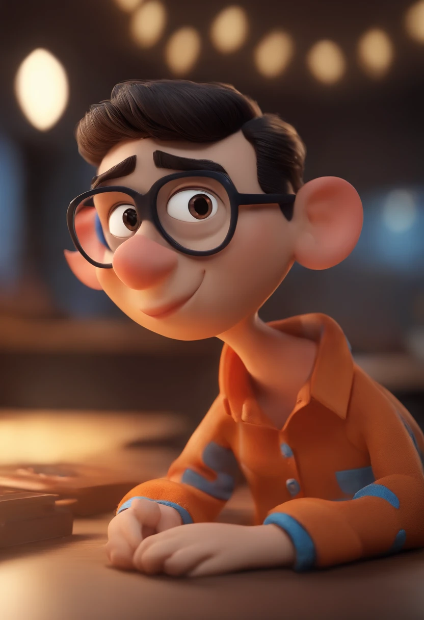 Cartoon character of a man wearing black glasses and a blue shirt, um personagem animado, Caractere estilizado, animation style rendering, 3D estilizado, Arnold Maya render, 3 d render stylized, toon render keyshot, Personagem 3D, Personagem 3D, 3d rendering stylized, 3 d character render, personagem de desenho animado, Personagem de close up, Pose de personagem, (Estilo Pixar) (master part:1.2) (Bokeh) (best quality) (pele detalhada) (textura detalhada) (8k) (argila) (Cinematic lighting) (foco nítido,Senta e vaza a parte superior do corpo