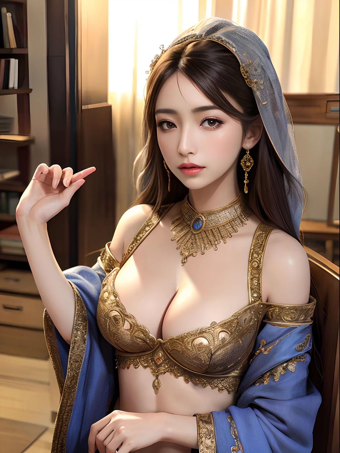 ulzzang -6500-v1.1, (Raw photo:1.2), (Photorealistic:1.4), Beautiful detailed girl, Very detailed eyes and face, Beautiful detailed eyes, super detailed, High resolution, Very detailed, Best Quality, masutepiece, ((1girl in)), ((Middle Eastern clothing)), ((flowing)), ((Intricate details)), ((View ThroughWare)), Very obviously, Very elegant, Slim body, Beautiful detailed whole body, ((cleavage)),