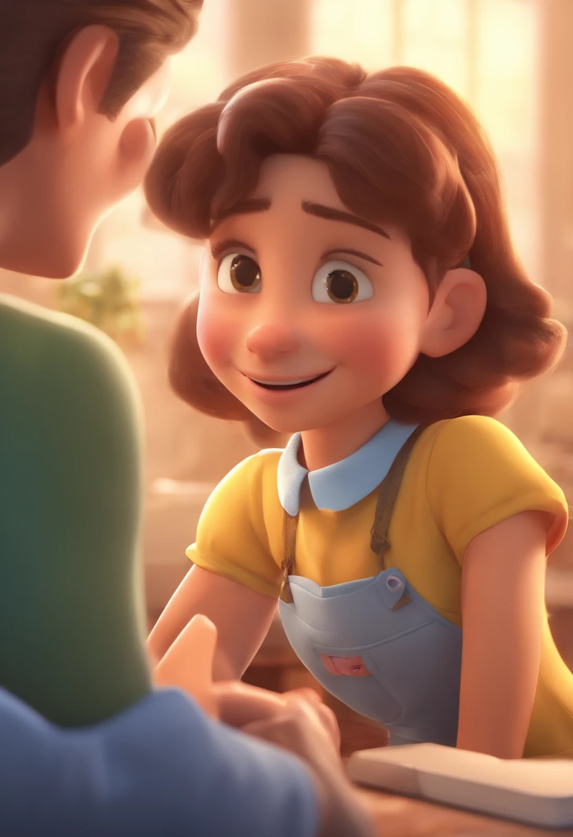 An illustration of an adorable couple, destacando um homem e uma mulher com bonito, Expressive eyes – the man's skin is white and the man's hair is short and brown in color while the woman's skin is white and the woman's hair is straight and brown. They are a bright room, cada um com um sorriso no rosto, e compartilhar um momento especial caracterizado pelo amor, bolo, e insights educacionais. Illustrate this scene from a perspective where they are facing away from the camera, Showing Your Connection. Desenvolva esta arte em Full HD, Focus on your cinematic touch, Estilo Disney Pixar Animations