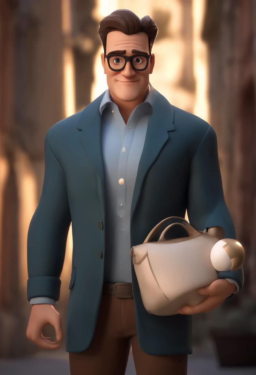 Cartoon character of a man with black glasses, cabelo cacheado marrom escuro e uma camisa azul, animation character, Caractere estilizado, animation style rendering, 3D estilizado, Arnold Maya render, 3 d render stylized, toon render keyshot, Personagem 3D, Personagem 3D, 3d rendering stylized, 3 d character render, personagem de desenho animado, Personagem de close up, Pose de personagem,  (Estilo Pixar) (master part:1.2) (Bokeh) (best quality) (pele detalhada) (textura detalhada) (8k) (argila) (Cinematic lighting) (foco nítido