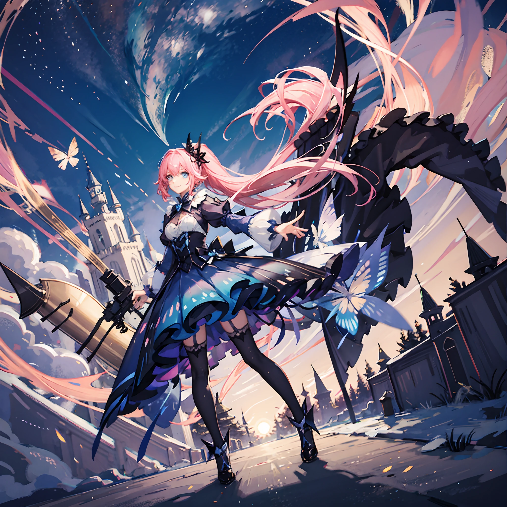 ((1girl)), ((pink hair, ponytail, blue highlights)), ((blue eyes)), ((smile, blue butterfly)), ((elegant black and blue dress, black and blue thighhighs, magical girl dress, medium breasts)), ((blue butterflies))
BREAK
(((Masterpiece))), ((Highly detailed character)), ((perfect eyes)), ((perfect face)), ((best quality)), ((prefect hands)), high resolution, highly detailed image
BREAK
Beautiful background, ((outdoors, night, night sky, cloudy, dreamscape, castles, cartoon background, cartoon castles, colorful clouds, shooting stars, high contrast, moonlight, volumetric lighting))