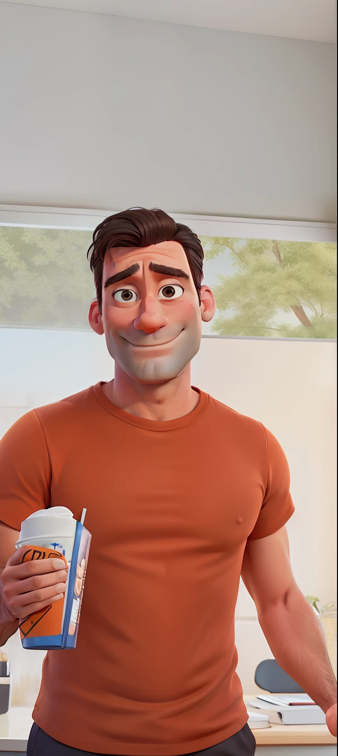 Jon Hamm, Cartoon, He wore an orange T-shirt and over it a white shirt and black dress pants, arms crossed, olhando para frente e sorrindo entre os dentes;
