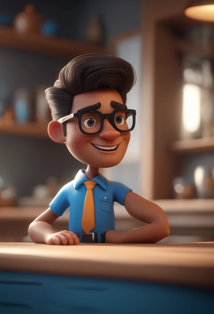 Cartoon character of a man with black glasses and a blue shirt, animation character, Caractere estilizado, animation style rendering, 3D estilizado, Arnold Maya render, 3 d render stylized, toon render keyshot, Personagem 3D, Personagem 3D, 3d rendering stylized, 3 d character render, personagem de desenho animado, Personagem de close up, Pose de personagem,  (Estilo Pixar) (master part:1.2) (Bokeh) (best quality) (pele detalhada) (textura detalhada) (8k) (argila) (Cinematic lighting) (foco nítido