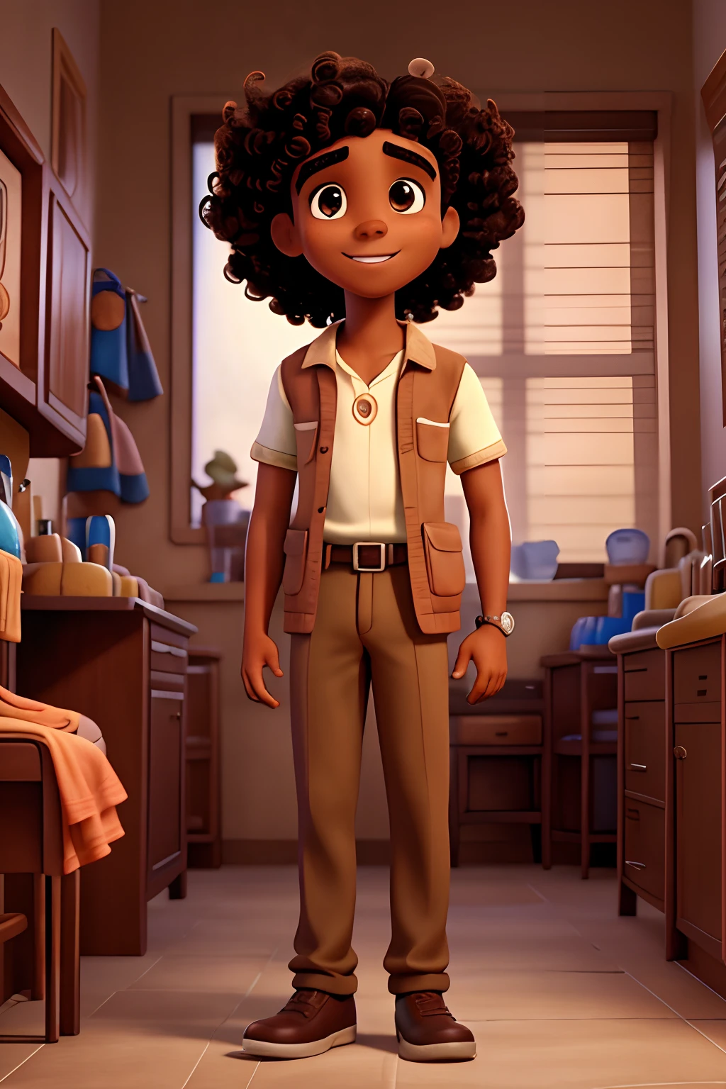 Disney-style film cover, a brown young man (late 20’s) brown eyes, dark skin and curly hair who works as a Dental Surgion, in a clinic in the background