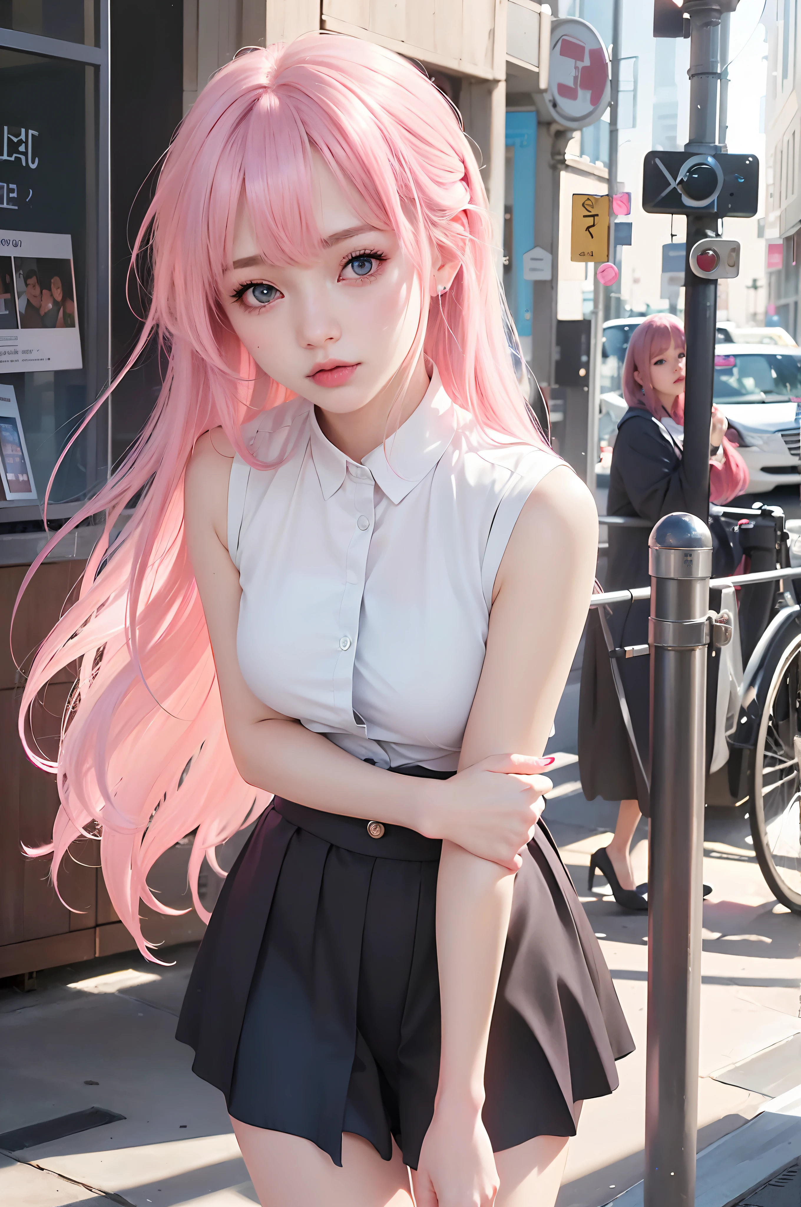 best quality, ultra high res, (photorealistic:1.4), 8k resolution, girl, (pink hair:1.3) , realistic blue eyes, (realistic hair:1.2), (Korean girl:1.2), (realistic eyes:1.2), (beauty face:1.3), perfect body, white pale skin, small breast, cleavage, , (eyes looked up:1.3), petite , Sports bikini, flat chest
