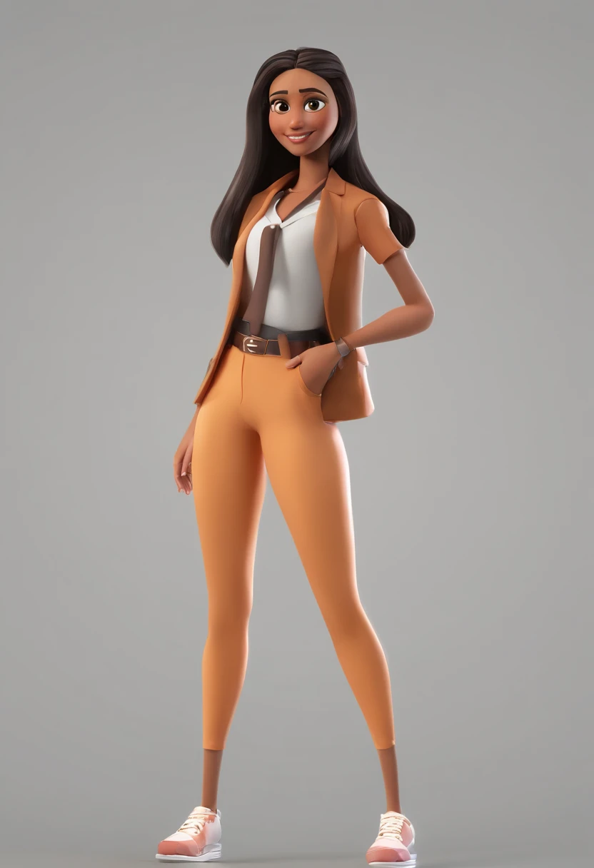 Crie um personagem estilo pixar que seja mulher, cabelos lisos e na altura dos ombros, cabelo marrom escuro com as pontas loiras, olhos na cor marrom escuro, boca grande, olhos grandes, pele branca, com brincos de argola pequena, Bahian link necklace and heart pendant, She's wearing a black tank top with a black blazer