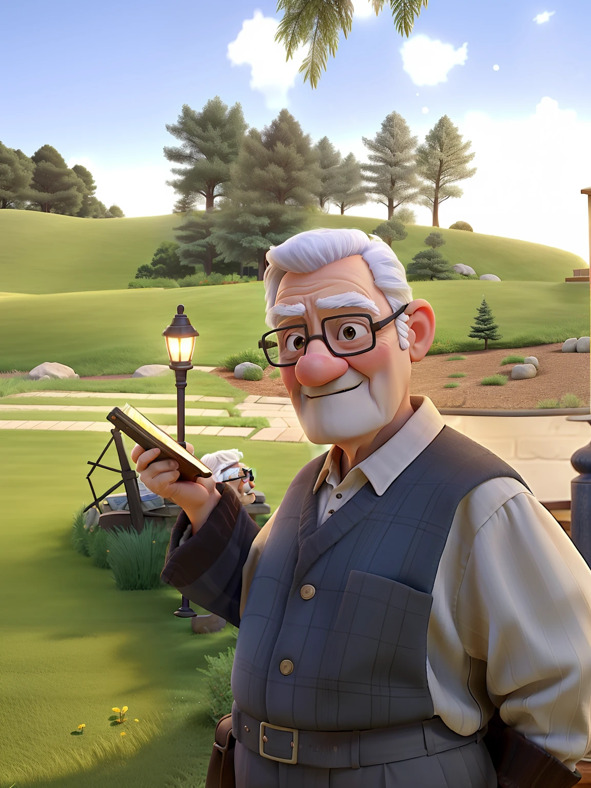 A wise old man standing in front, illuminated by the light of a lamp, against the backdrop of a library