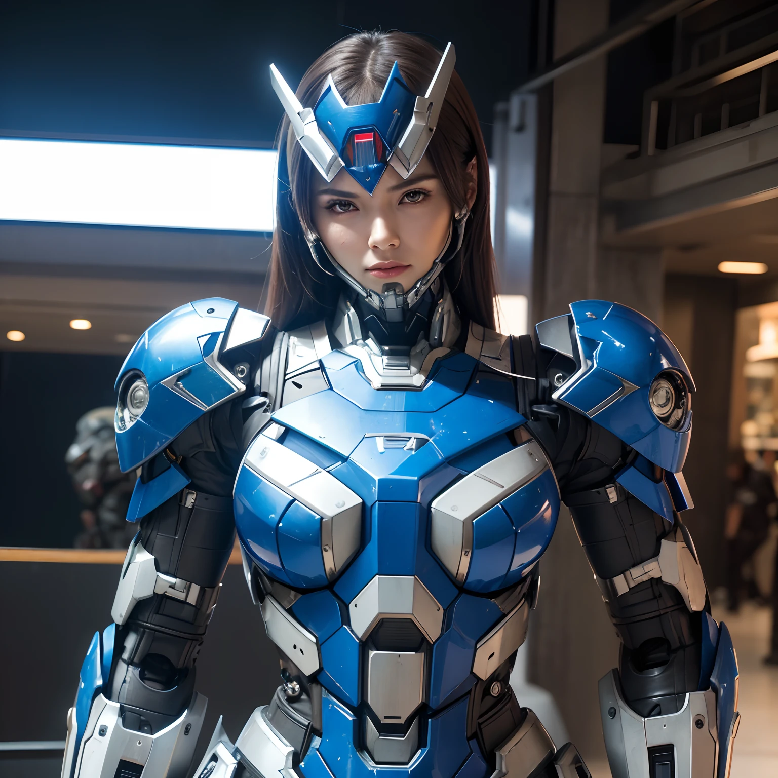 Textured skin, Super Detail, high details, High quality, Best Quality, hight resolution, 1080p, hard disk, Beautiful,(Iron Patriot),2 females,beautiful cyborg woman,Mecha Cyborg Girl,Battle Mode,Girl with a Mecha Body,She wears a futuristic Iron Patriot mech,Fulll body Shot