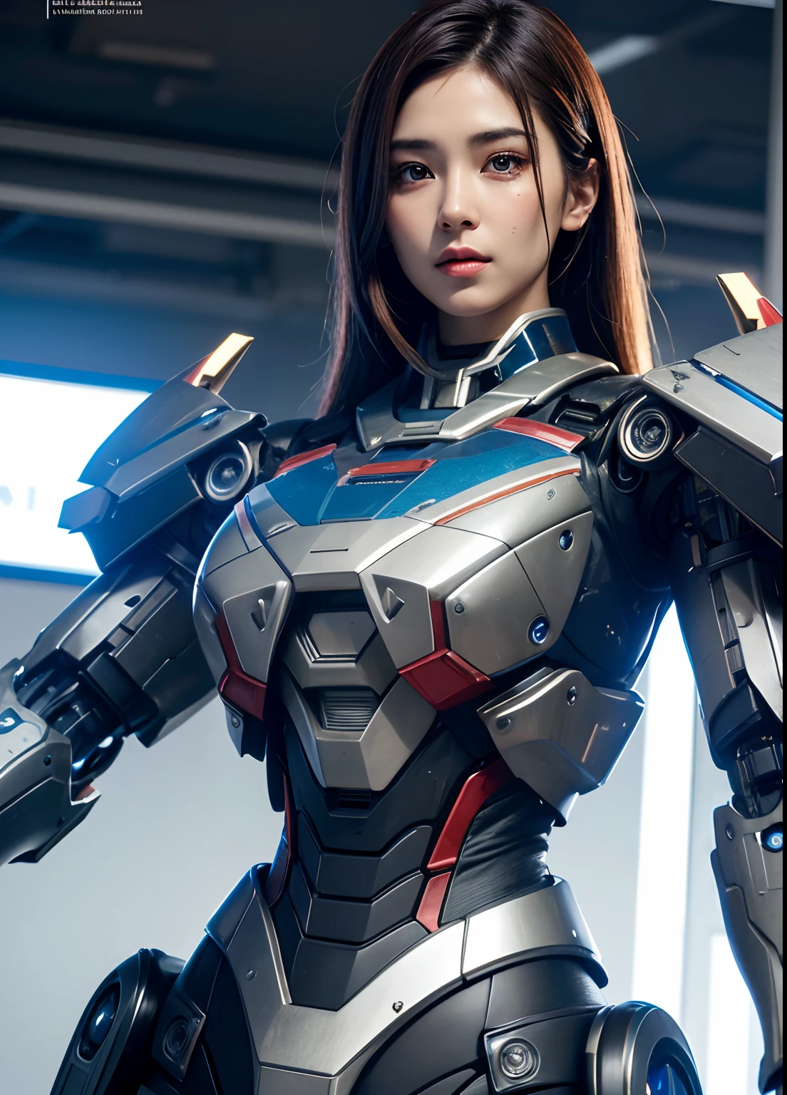 Textured skin, Super Detail, high details, High quality, Best Quality, hight resolution, 1080p, hard disk, Beautiful,(Iron Patriot),2 females,beautiful cyborg woman,Mecha Cyborg Girl,Battle Mode,Girl with a Mecha Body,She wears a futuristic Iron Patriot mech,Fulll body Shot