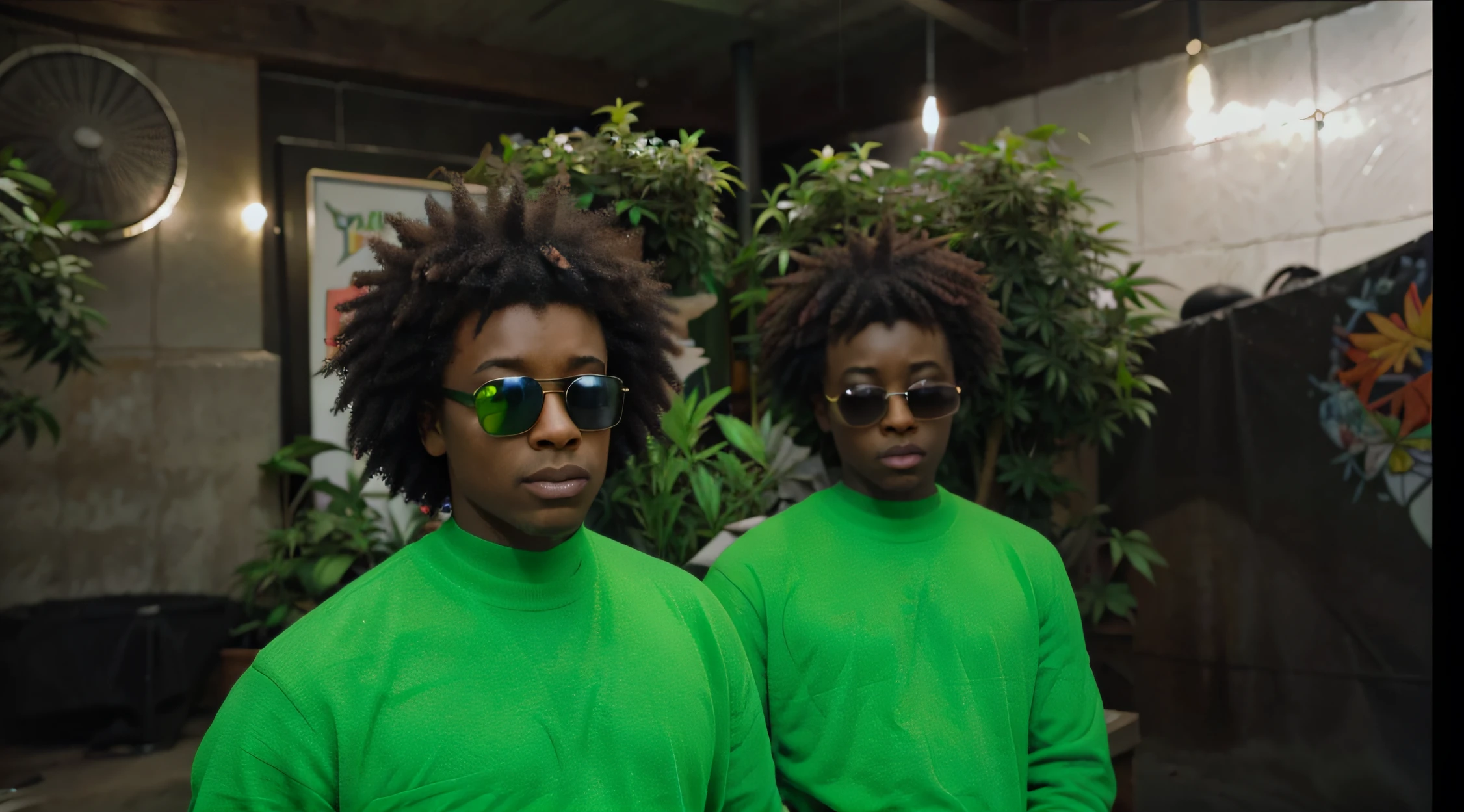 afro,  boy twins, weed, gangsters, microphone hair, green sweater, skiglasses, illegal, shameless, twins, same looking boys, weed, smoke effect