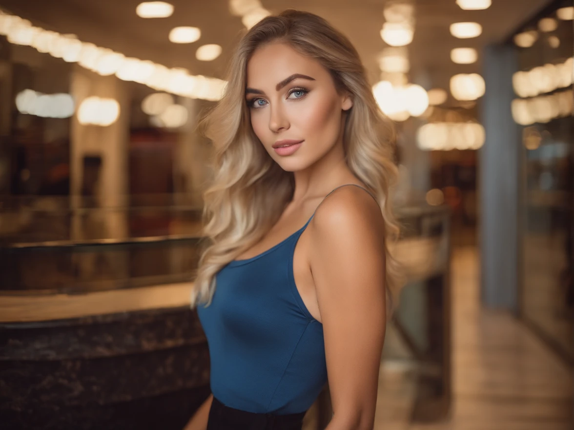 Blonde woman posing in a mall with matching tank top and skirt, Sexy girl with blue eyes, portrait sophie mudd, blur backgroun, Best quality, 1girll, Portrait of Corinna Kopf, blonde hair and large eyes, selfie of a young woman, Orn makeup, natural makeup, Look directly into the camera, face with artgram, Decentus makeup, Great full body photo, Being in the room, Large of breast, Blonde, latina