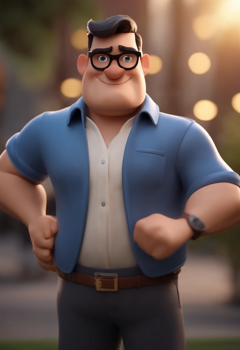 Cartoon character of a man wearing black glasses and a blue shirt, um personagem animado, Caractere estilizado, animation style rendering, 3D estilizado, Arnold Maya render, 3 d render stylized, toon render keyshot, Personagem 3D, Personagem 3D, 3d rendering stylized, 3 d character render, personagem de desenho animado, Personagem de close up, Pose de personagem, (Estilo Pixar) (master part:1.2) (Bokeh) (best quality) (pele detalhada) (textura detalhada) (8k) (argila) (Cinematic lighting) (foco nítido,Sits and empties upper body in an ENT doctor's office