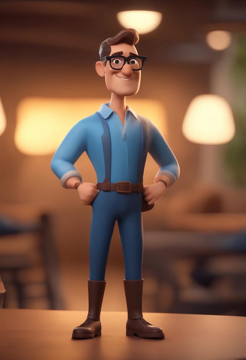 Cartoon character of a man with black glasses and a blue shirt, animation character, Caractere estilizado, animation style rendering, 3D estilizado, Arnold Maya render, 3 d render stylized, toon render keyshot, Personagem 3D, Personagem 3D, 3d rendering stylized, 3 d character render, personagem de desenho animado, Personagem de close up, Pose de personagem, (Estilo Pixar) (master part:1.2) (Bokeh) (best quality) (pele detalhada) (textura detalhada) (8k) (argila) (Cinematic lighting) (foco nítido