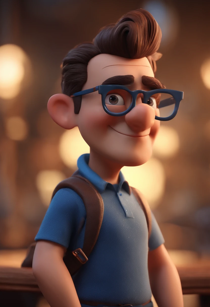 Cartoon character of a man with black glasses and a blue shirt, animation character, Caractere estilizado, animation style rendering, 3D estilizado, Arnold Maya render, 3 d render stylized, toon render keyshot, Personagem 3D, Personagem 3D, 3d rendering stylized, 3 d character render, personagem de desenho animado, Personagem de close up, Pose de personagem, (Estilo Pixar) (master part:1.2) (Bokeh) (best quality) (pele detalhada) (textura detalhada) (8k) (argila) (Cinematic lighting) (foco nítido