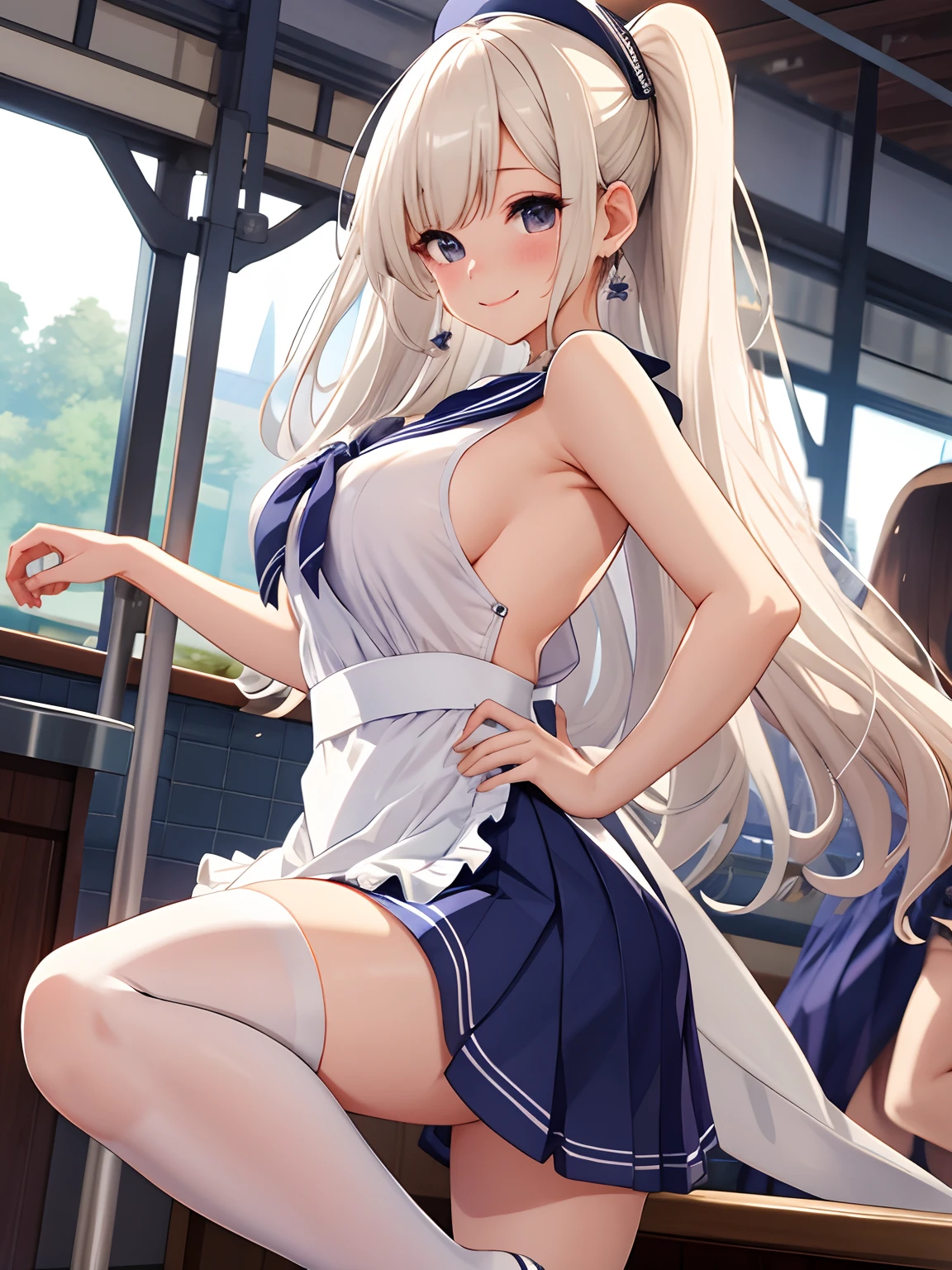 top-quality、realistic touch,high-detail、photoRealstic、 Erotic sailor suit、High school students、Long body、Sheer costumes、skirts that are too short、Not wearing underwear、big eye、long lashes、Long upper eyelashes、platinum-blonde、cute little、Beautie、A sexy、Railway Station Platforms、full body Esbian、Sparkling eyes、Submissive smile、Flushed cheeks、Kamimei、Big buttocks、thin-waist、Sleeveless、visible from the side、Sexy armpits、Voluptuous thighs、Enraptured look、Apron costume、