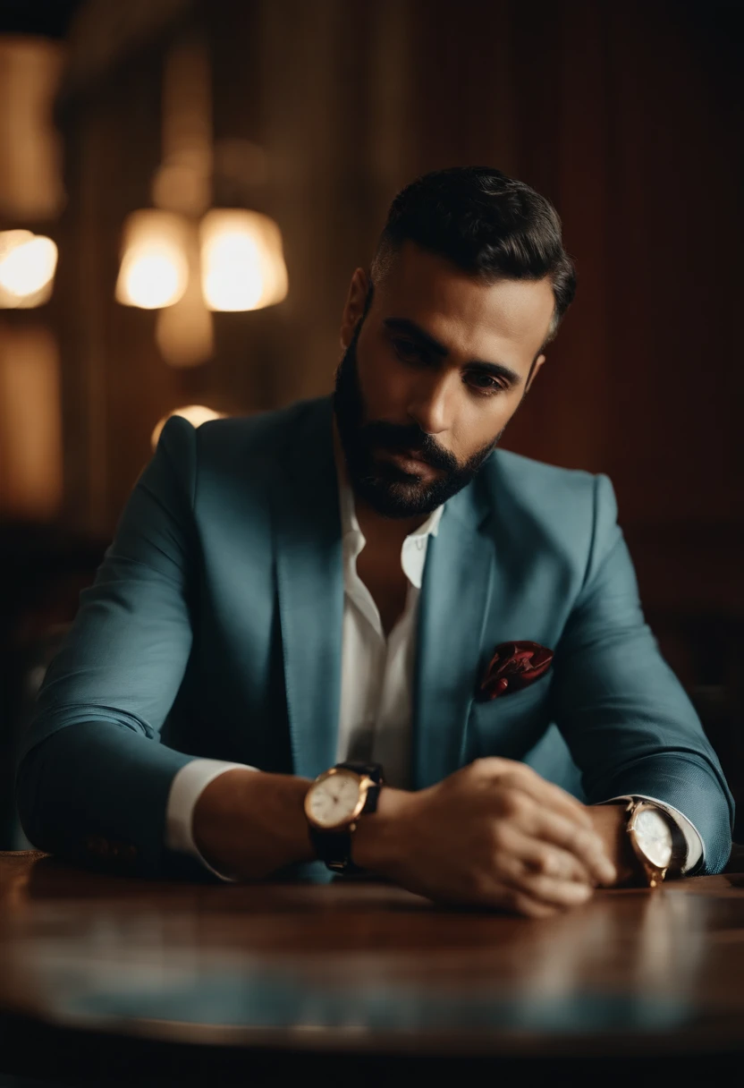 there is a man sitting at a table with a watch on his wrist, Foto de perfil, Amr Elshamy, imagem de perfil, Postagem no Reddit, wearing a watch, Directed by: Alexander Fedosav, Ahmad Merheb, com charuto, afternoon time, inspirado por Alexander Fedosav, Mohamed Chahin, imagem do avatar, Sam Nassour, wears a watch, por Romain brook
