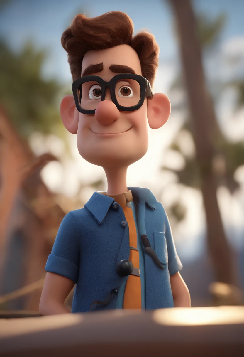 Cartoon character of a man with black glasses and a blue shirt, animation character, Caractere estilizado, animation style rendering, 3D estilizado, Arnold Maya render, 3 d render stylized, toon render keyshot, Personagem 3D, Personagem 3D, 3d rendering stylized, 3 d character render, personagem de desenho animado, Personagem de close up, Pose de personagem, (Estilo Pixar) (master part:1.2) (Bokeh) (best quality) (pele detalhada) (textura detalhada) (8k) (argila) (Cinematic lighting) (foco nítido