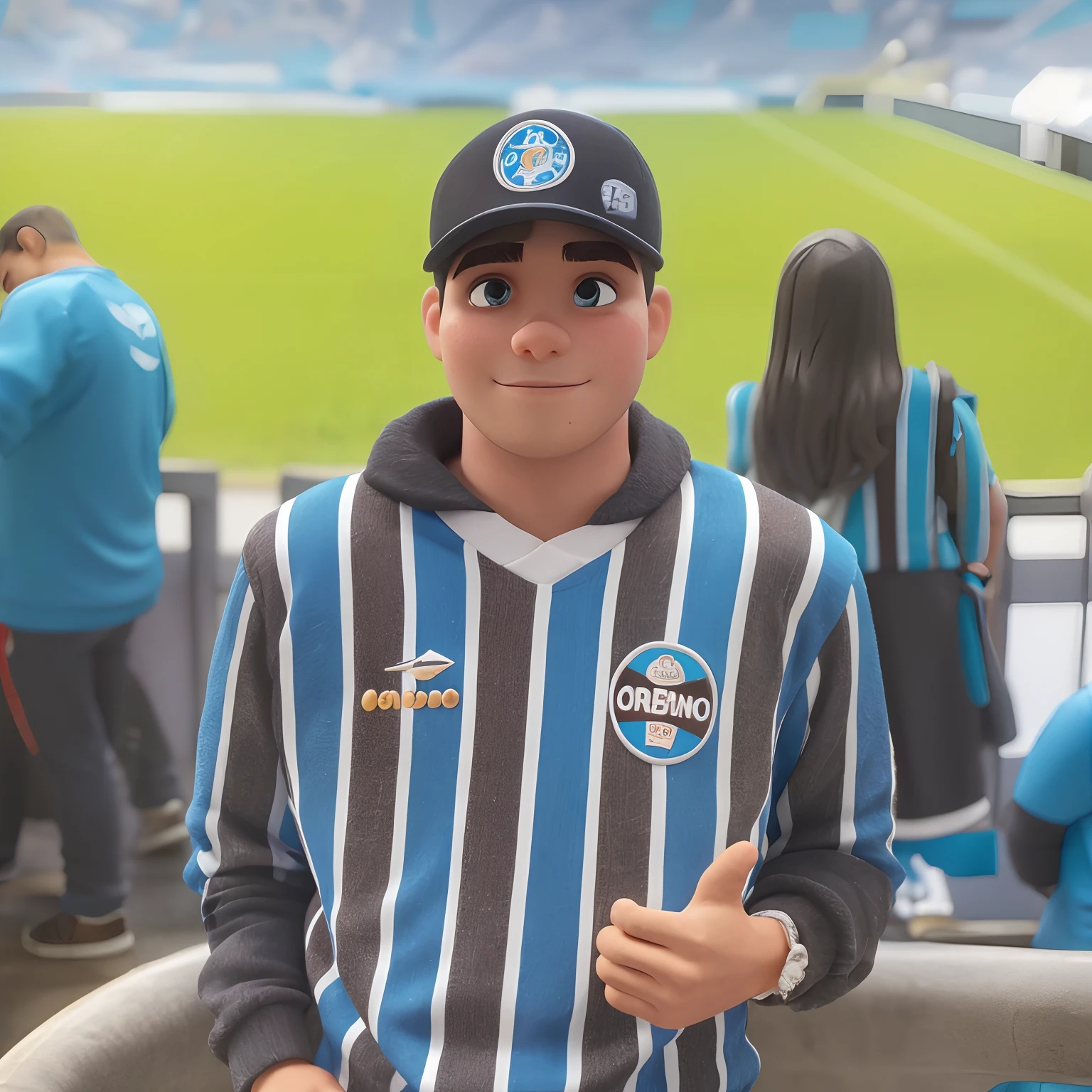 bonito pequeno torcedor masculino 28 anos de idade, huge head, cebelos curto, wearing hat, olhos altamente detalhados , whole body view, figuras de brinqued