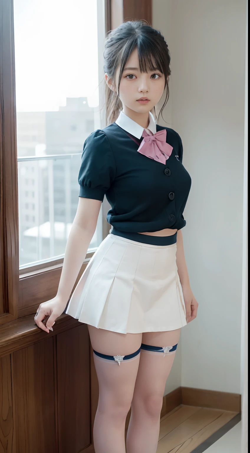 hight resolution、high-level image quality、8K、Real live-action、Raw photography、top-quality、masterpiece、masutepiece、Erotic、Pupils、Pink bra,de pele branca,kne,(Black pantyhose),Detailed panty patterns、panties focus、pink color panties、Tiny panties、absurderes,a small face、huge-breasted、Parting the bangs from the middle、Forehead visible,(a cold expression<Tight eyes,glares,Bullish,Thin anger)、masterpiece,top-quality、超A high resolution,Raw photo,ren,Beautiful fece,One Person, 独奏,Dark look,Small breasts,fullllbody、Very nice、JK school uniform,hi-school girl,A Japanese Lady,is standing,(Photorealsitic:1.37)、Photon mapping,Light blue ribbon,Realistic、Cute little face,Brown-eyed、Black socks、22year old、(Red bow tie)、Radio City、Physically Based Rendering、Foreground、depth of fields、Blurry background、a picture,The girls、Body,beauty legs, Long legs, Thin leg,Long bob cut,(Bangs are visible), hair, s lips, Blue_The eye, nosesoft,(PINK SHIRT), (Navy pleated skirt), Navy blue uniform jacket、White Sweater Vest、Knees are visible,Sheer clothing,, Thigh, Black cotton socks,Nogizaka Idol, 女優, Japanese ido、Sparkling eyes、shiny lip、