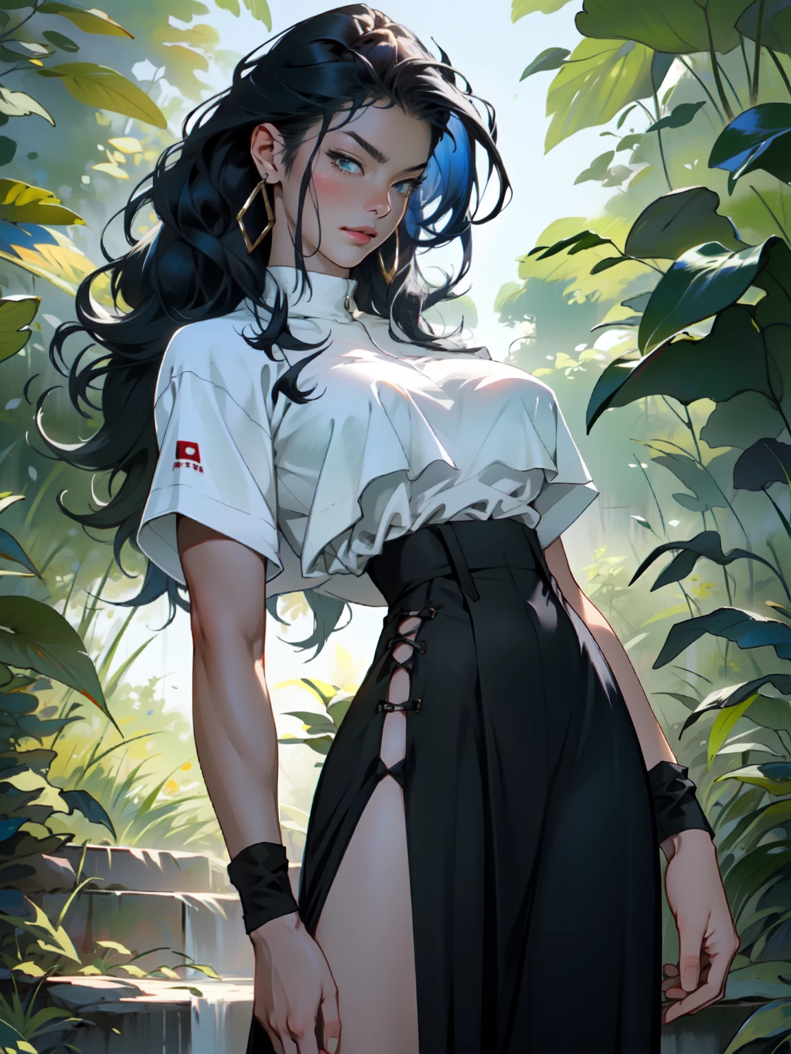 ((Best quality)), ((masterpiece)), ((realistic)), ((beautiful female martial artist)), (milf:1.3), (arrogant woman:1.4) standing tall, her slender form glistening in the golden rays of a summer sunrise. Her eyes, a captivating shade of emerald, pierce through the tranquility of the morning. Her fiery blue hair cascades, contrasting with the vibrant green of the surrounding foliage. With each step, her muscular thighs and perfect muscular long legs portray a sense of power and grace. The tranquil scene unfolds, capturing a moment of raw beauty and confidence on eye level, scenic, masterpiece, (bare torso:1.1), abs, (female focus:1.5), very muscular ripped body, ultra sharp, (sexual suggestive)), traditional marcial artist costume, very thin waist, huge hips