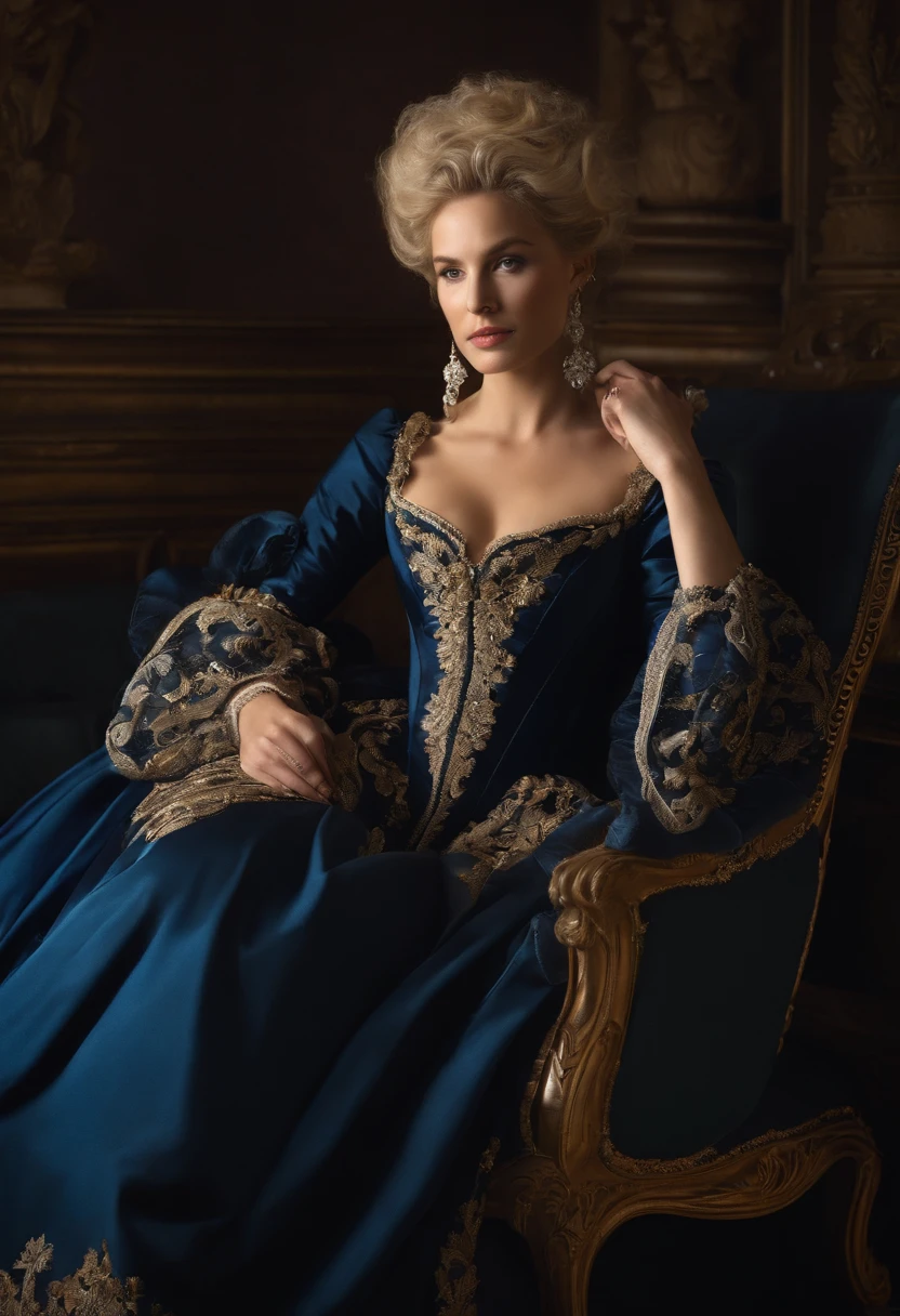 A blonde woman in a dark blue dress sits on a chair in the palace, rococo queen,  historical baroque dress, aristocratic clothes, rococo fashion, ornate royal gown, wearing a noblewoman's outfit, Rococo dress, intricate costume design, in a fancy elaborate dress, royal robe, 1 7 th century duchess, baroque dress，Plump and large breasts，ssmile，Gorgeous appearance