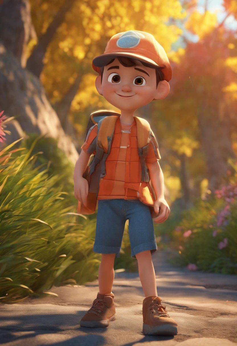 pixarstyle a waist-length portrait of a little boy, smirk, cap, nature, natural skin texture, 4k textures, hdr, intricate, highly detailed, sharp focus, cinematic look, hyperdetailed