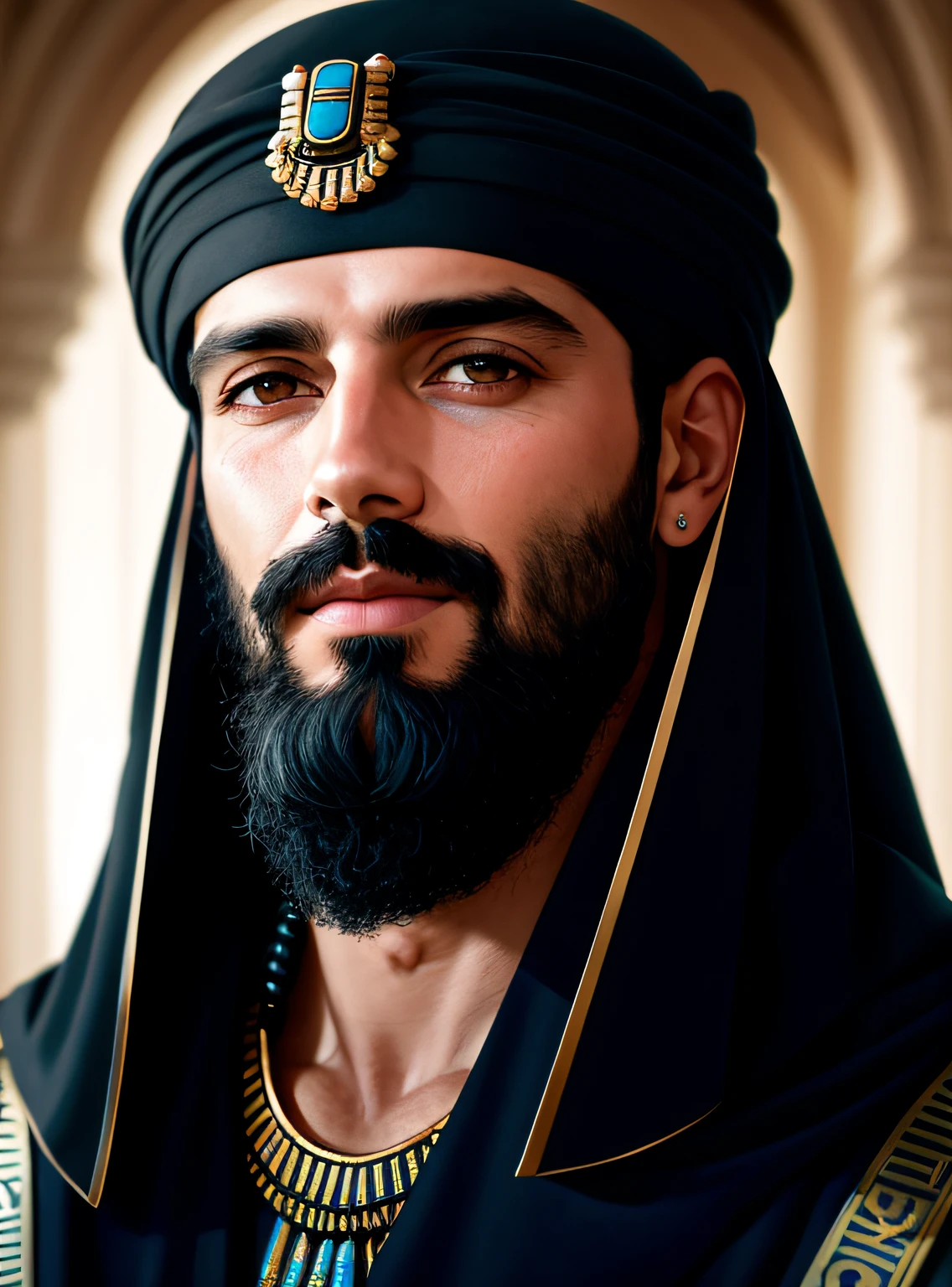 Um retrato de um homem com 30 anos, Joseph of Egypt, barbudo, com olhos penetrantes, rosto detalhado, detalhes altos, studio dark, luz de aro, Nikon D850, 50mm, f/1.4