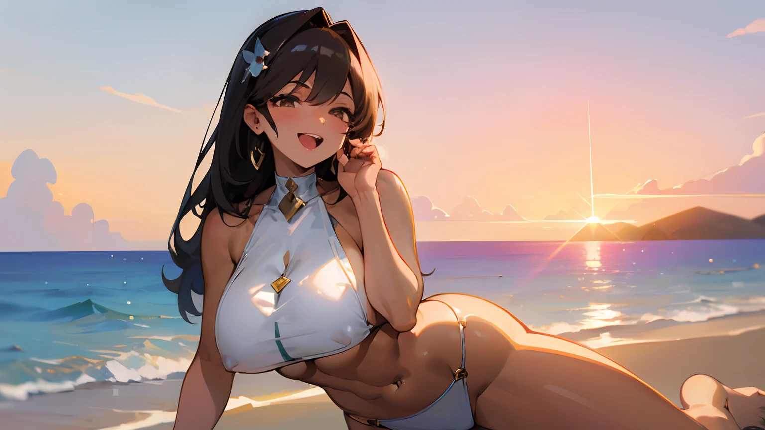 ((top-quality、8K,​masterpiece:1.3))、foco nítido:1.2、(Beautiful woman with perfect body shape:1.4),A slight smil,silber hair、 (abdominals:1.2),((huge-breasted:1.4))、(Sway Back Stance:1.3),（The bikini:1.1)、(piercings:1.3)、wine bottle、Beautiful sunset beach、Highly detailed facial and skin texture、A detailed eye、二重まぶた、(Huge breasts:1.3),(Big ass),(thick thight:1.3),Open mouth and happy smile,（Brown skin tone:1.4),(skin tanned:1.4)、５Fingered hand、Perfect light、Happy smile with open mouth in ecstasy,,Beautiful and sparkling sea、Beautiful sunset、Lie down,Variety is color、Iridescent sunset