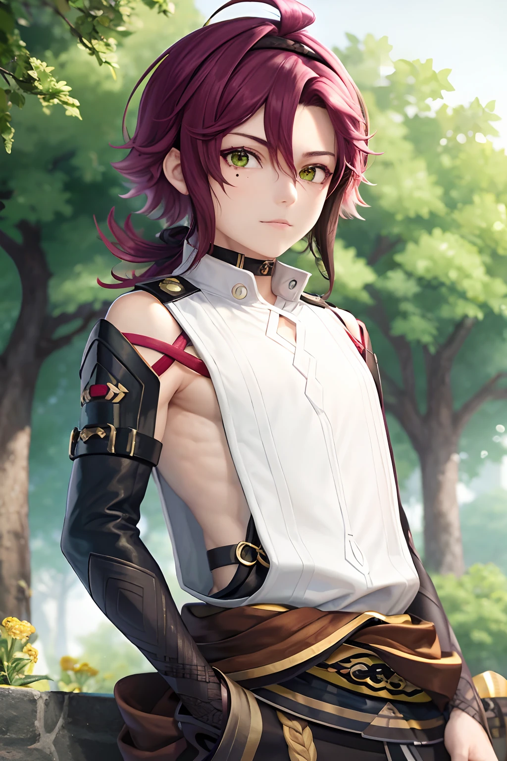 masterpiece, best quality,Shikanoin Heizou (genshin impact), 1boy, male focus, kurokote, green eyes, kote, multicolored hair, mole under eye, red hair, solo, mole, black choker, japanese armor, looking at viewer, choker, armor, streaked hair, aiguillette, sleeveless, ahoge, long hair, low ponytail,(kbxll:0.6)