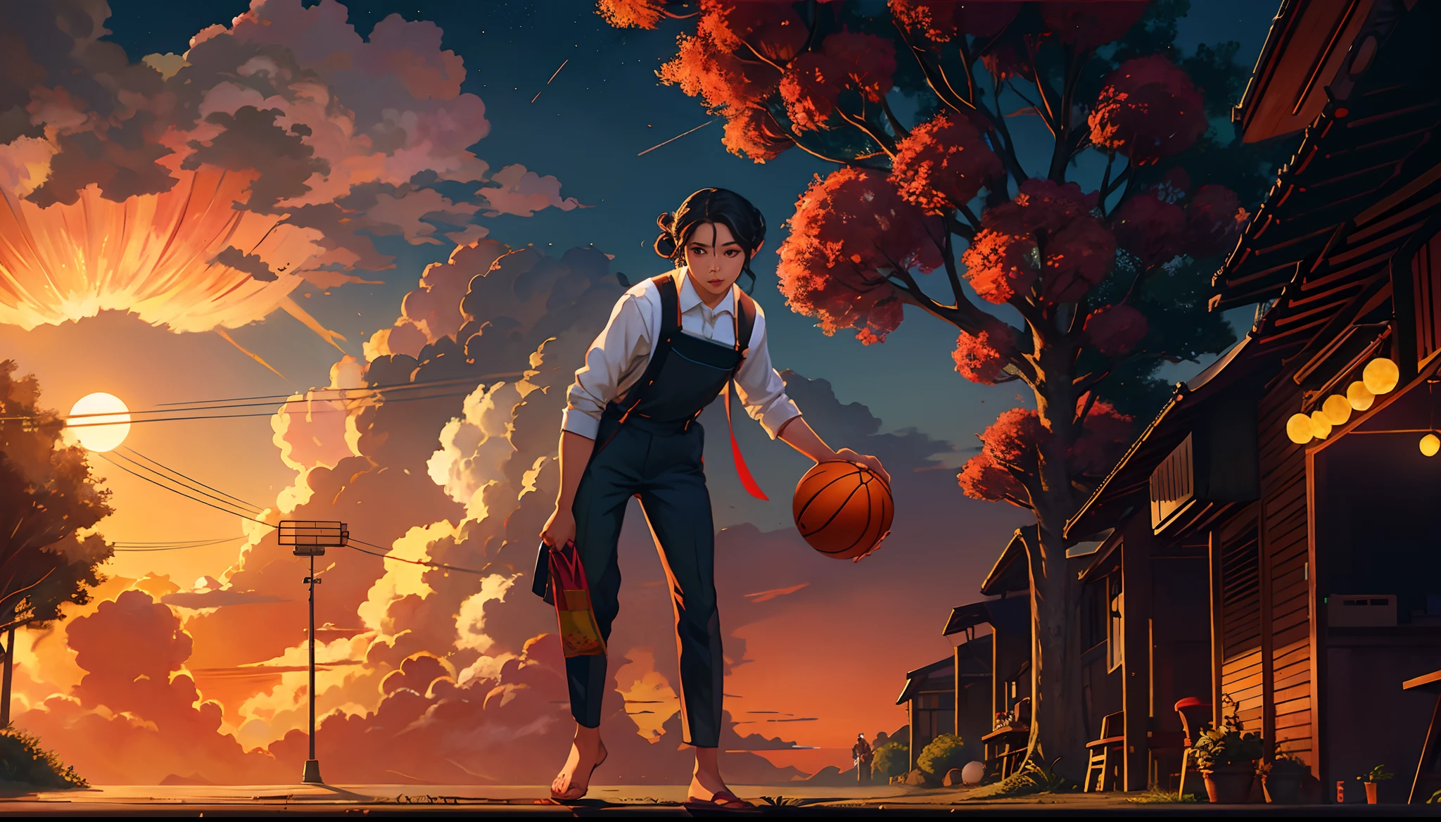 the sunset,eventide,middle parted hairstyle,Suspenders,Left-handed basketball,meteors(Swipe left),Lychee tree,Dita(unclear),the feet(unclear)