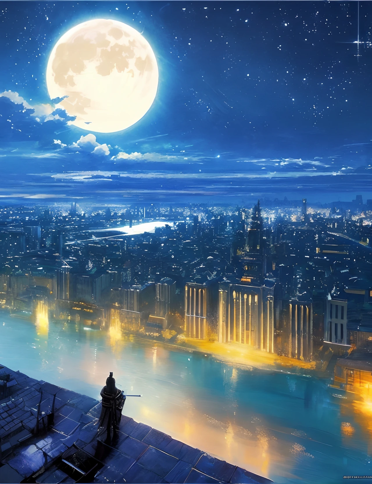 the met、Painting of a river with stars and moon in the sky、the met、Shining skyscrapers、Shine across the board、Skyscrapers、Concept art inspired by Mitsuoki Tosa、pixiv contest winners、top-quality、Fantasyart、beautiful anime scene、Bright moon、Moonlit star environment、Dream painting、Anime Background Art、Cyberpunk art、Cyber Knight、anime backgrounds、background artwork、Fantastic art、atmospheric anime、starrysky、Detail has been enhanced。
