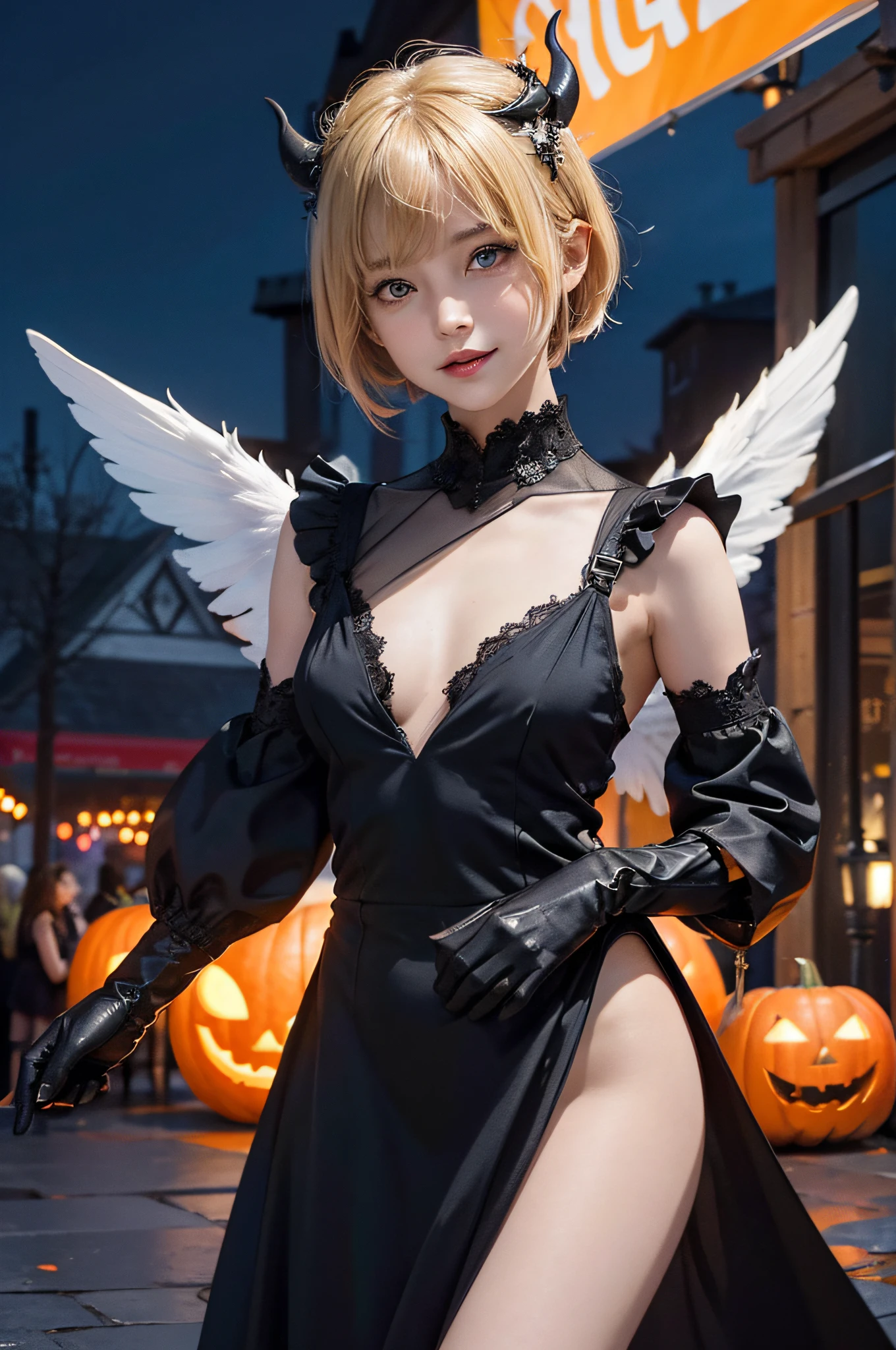 (((((2 girl))))),(masterpiece, best quality),absurdres, highres, ultra detailed,
(dynamic angle:1.2),
dutch angle,dynamic pose,
BREAK,
HDR,((2023s most popular top quality manga illustration)) ,cerebrate color ,
BREAK,
(masterpiece:1. 4, best quality), (intricate details), unity 8k wallpaper, ultra detailed, beautiful and aesthetic, perfect lighting,(smile),
detailed background, realistic, perfect detailed face, detailed eyes, 4highly detailed, blush, bolster,
BREAK,
Yellow hair, short hair, bob cut, hair between the eyes, ahoge, half-up arrangement, hair, dark blue eyes, (well-shaped, round breasts, small breasts),
Devil, off-shoulder, monochrome costume, dark color, lace detail, full body,((devil's wings ,large wings, wings attached in the correct position, devil's tail, devil's head wings)),
BREAK,
((funny, talking each other ,smile,big laugh)) ,((bright atmosphere)),
BREAK,
yellow hair, short hair, bob cut, hair between the eyes, ahoge, half-up arrangement, hair, dark blue eyes,( good shape and round breasts, small breasts),
wings, feathered wings, angel wings,fallen angel,((white and black wings)),black halo, hair ornament,small latex,small latex black dress,thighhighs, navel,low wings,ooking at viewer, multiple wings, closed mouth,whole body,long sleeves, detached sleeves,clothing cutout,black legwear,Angel halo,collar,bare shoulders, cleavage,
BREAK,
(super detailed:1.2), 4k, absurdres absolutely resolution,(((outdoor, halloween, red sky, scenery, street, festival, flags, banners, night festival ornament, brick architecture, european traditional townscape, food stand, jack o'lantern ornament))),
(Halloween stole, jack-o'-lantern: 1.15),
BREAK,
nudity,(((night))),