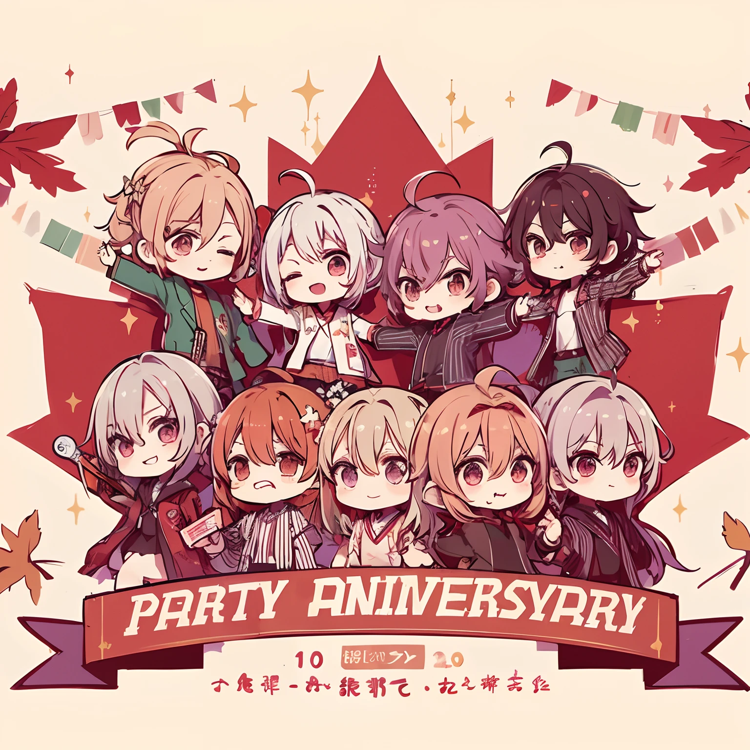 create "poster" about "party aniversary" 1 japanese anime style with maple leaf and "Natsuyasumi" text, chibi style
