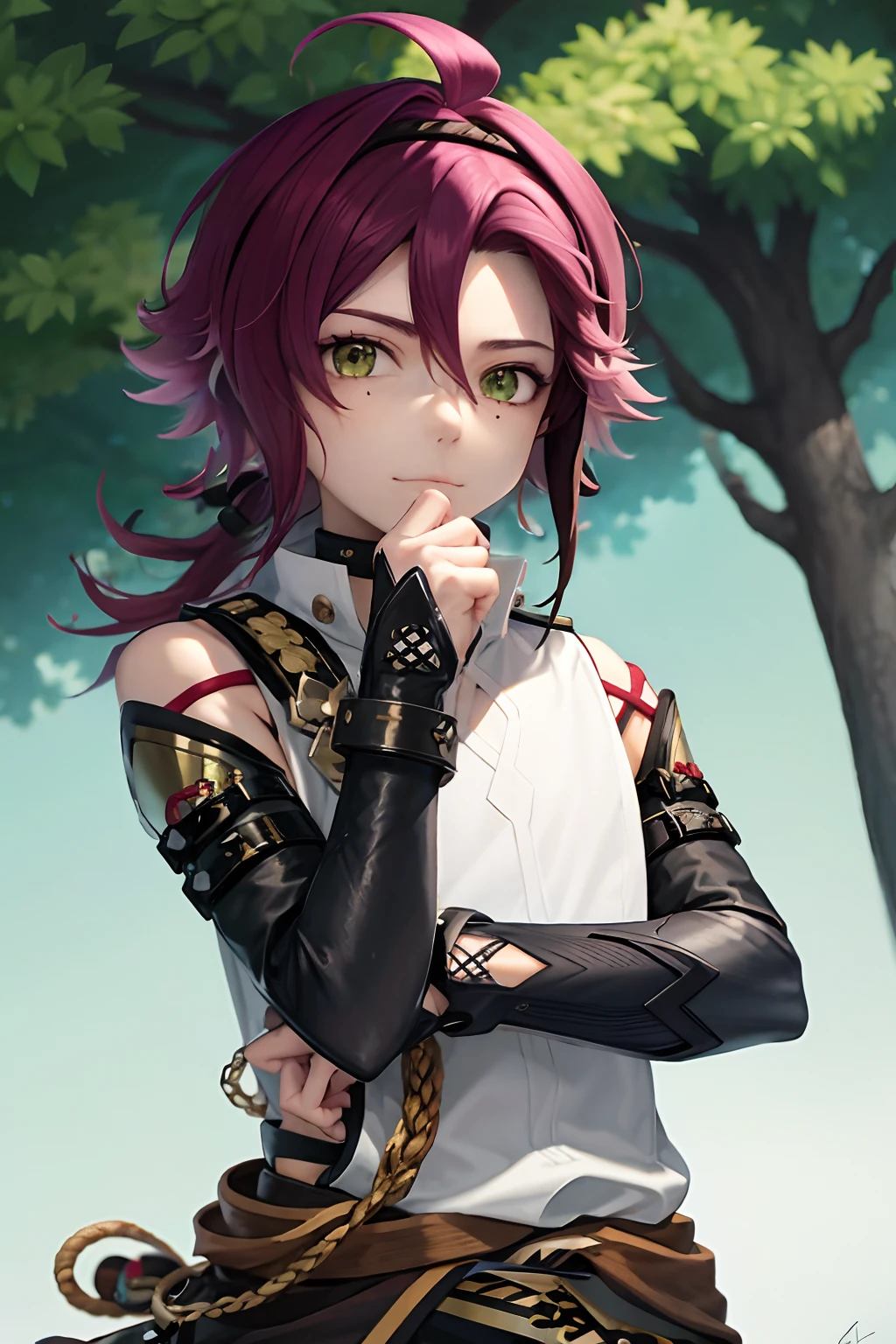 masterpiece, best quality,Shikanoin Heizou (genshin impact), 1boy, male focus, kurokote, green eyes, kote, multicolored hair, mole under eye, red hair, solo, mole, black choker, japanese armor, looking at viewer, choker, armor, streaked hair, aiguillette, sleeveless, ahoge, long hair, low ponytail,(kbxll:0.6)