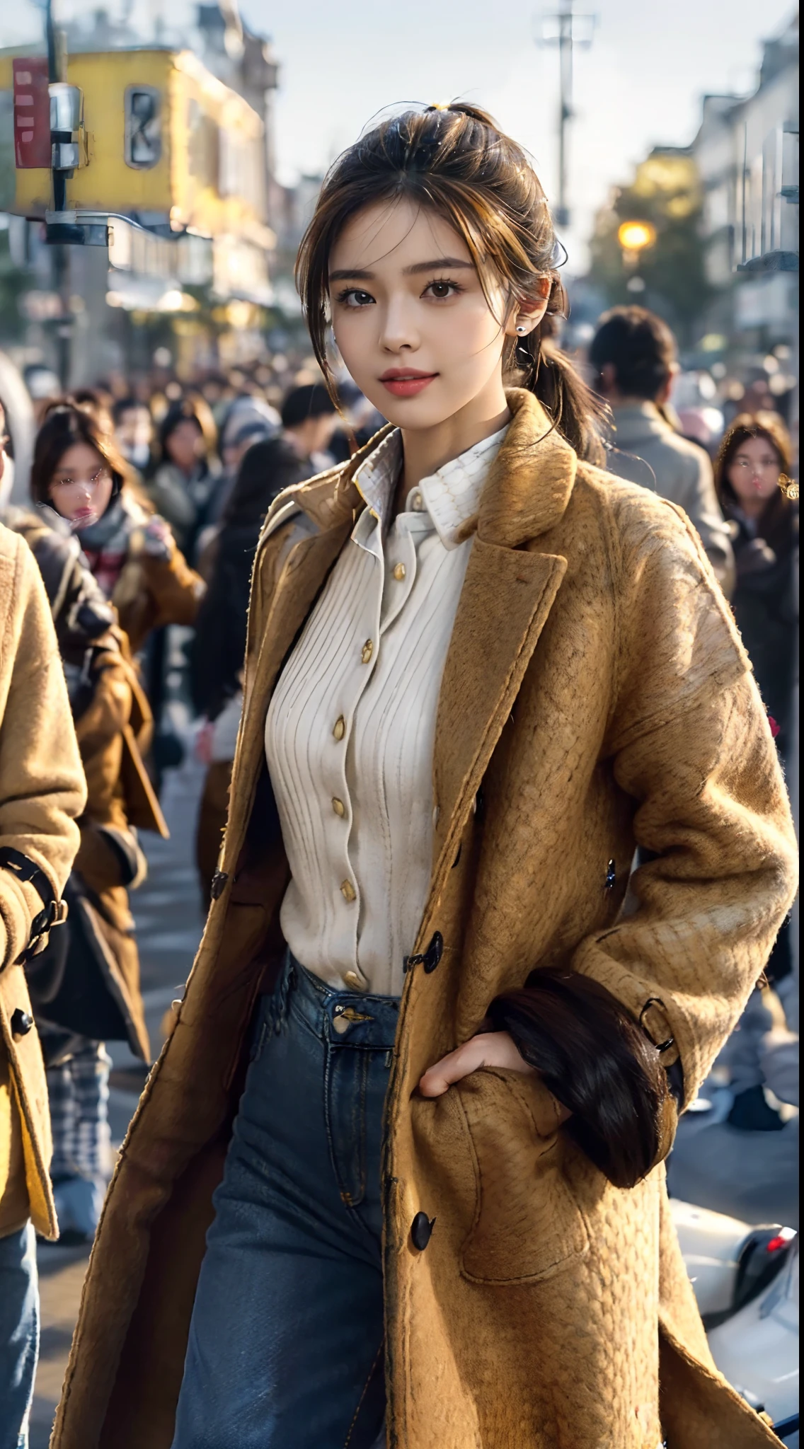 (shoulder length straight short black hair:1.0),((((8k))),(Extremely meticulous CG) ,(wallpaper),16k,(Extremely refined and beautiful），（Masterpiece），（best qualtiy：1.0），（Ultra High Resolution：1.0），beautiful light up，Perfect lightning，realistic shaded，[A high resolution],(Smooth and flawless fair skin:1.5),Extremely exquisite facial details,(perfect body：1.1),ultra - detailed,A beautiful girl,small head,(very short ponytail:1.2),(Small breasts:1.1),Flat chests，slim，thin，Smile，cheerfulness,(maxi brown woolen coat:1.5),(Yellow checkered collared shirt:1.3),(denim pants:1.4),(white sneakers:1.2),slender legs,(nightfall:1.5),Sunset light,(Surrounded by a crowded crowd:1.5),At the school gate,standing,(close-up of upper body:1.3),from front