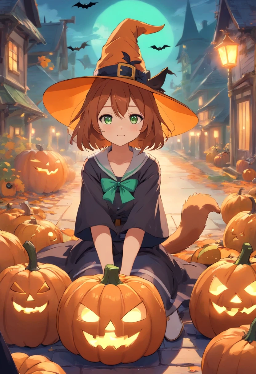 GingerCat in a witch's hat, It has white front paws, And green and brown eyes, pumpkins, Halloween, the bats