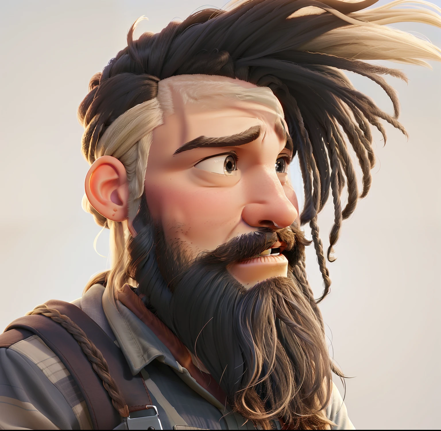 a perfil of a handsome long bearded man with dreadlocks hair, looking to the right, light and pastel color, light by the sunshine