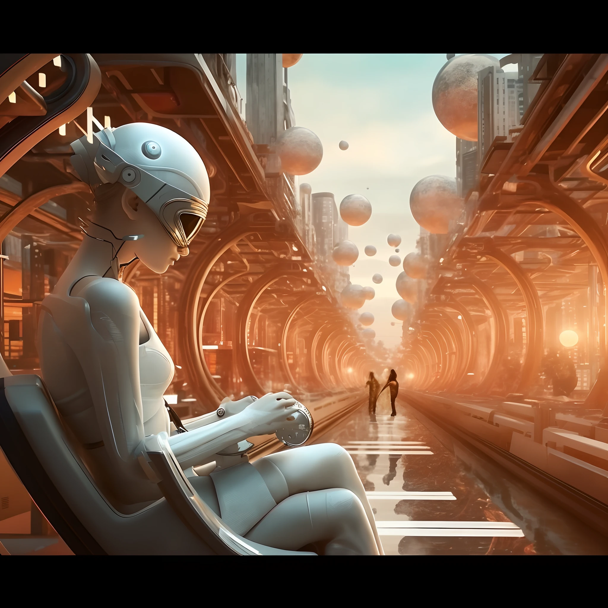 Futuristic woman sitting on a chair in futuristic city, human futuristic city, futuristic utopian fantasy, futuristic art, cybernetic civilisations, zen méditation cyberpunk, cybernetic civilisations, digital science fiction realism, inspired by Mike "beeple" Winkelmann, Realism | beeple, futuristic digital art