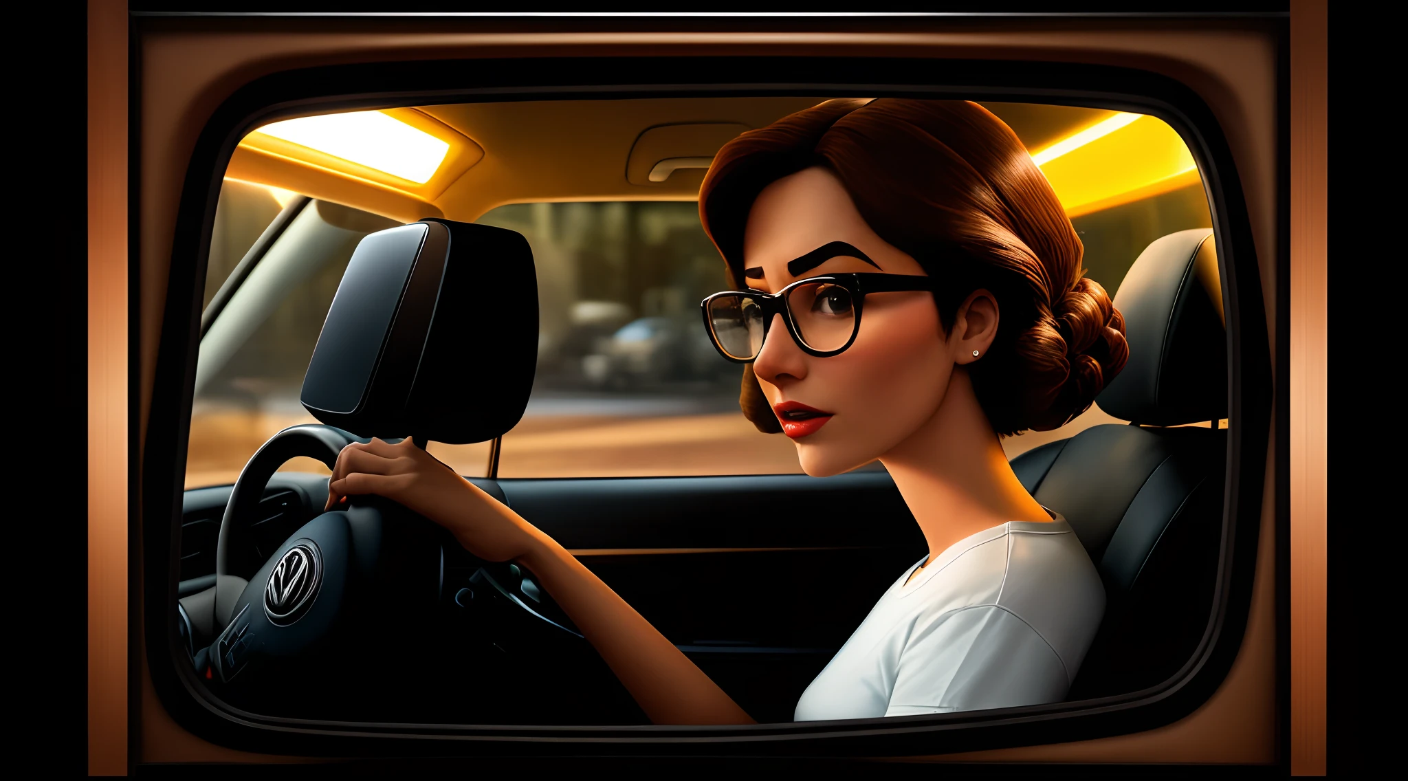 Disney 3D Poster/Pixar 
Woman Head Lots Very Long Brown Compound Light. Black-framed glasses inside a
Volkswagen wearing a T-shirt written V12