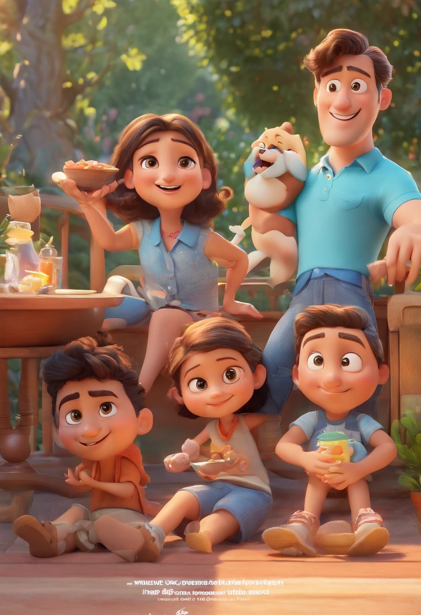 Cartoon of friends having fun on vacation together,  3D Animation Movie Poster, Poster de filme animado, pixar 3 d animation style, pixar renderman rendering, maia 8 mil, animated film, Disney Pixar Estilo 3D, amigos felizes saem juntos, all wearing light blue shirts and cream brown long pants, camisa azul clara, cream brown pants, ao ar livre, vacation, Disney Pixar Animation Poster