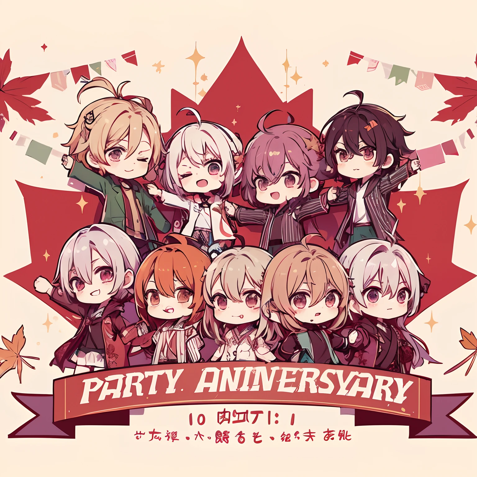 create "poster" about "party aniversary" 1 japanese anime style with maple leaf and "Natsuyasumi" text, chibi style