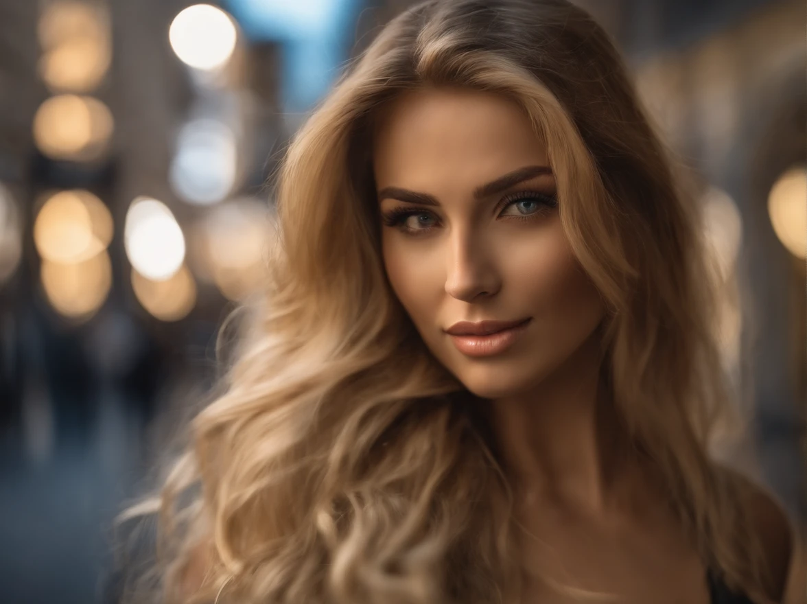 Gorgeous woman with extra long, gewellten blonden Haaren, Detaillierte, seductive eyes, langen sexy Beinen, wears a miniskirt, T-Shirt, ((detailed facial features)), (fein detaillierte Haut), blasse haut, realistische Hauttextur, extreme Hautdetails, (Poren: 0,1), in the background beautiful futuristic cyberpunk city, Masterpiece of the best quality, fotorealistisch, hyperrealistisch, detailliert, 8K, HDR, (Weiche Farbe: 1,2), light depth of field, Breites Licht, Hoher Kontrast, Hintergrundbeleuchtung, bloom, Lichtfunkeln, chromatische Aberration, scharfer Fokus, RAW-Farbfoto