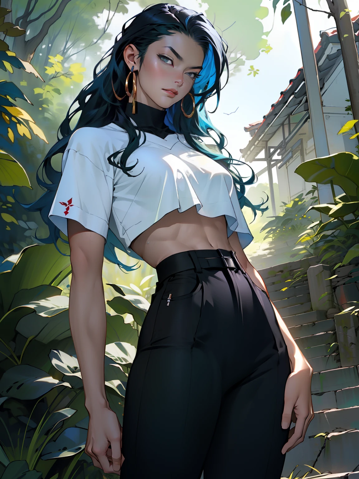 ((Best quality)), ((masterpiece)), ((realistic)), ((beautiful female martial artist)), (milf:1.3), (arrogant woman:1.4) standing tall, her slender form glistening in the golden rays of a summer sunrise. Her eyes, a captivating shade of emerald, pierce through the tranquility of the morning. Her fiery blue hair cascades, contrasting with the vibrant green of the surrounding foliage. With each step, her muscular thighs and perfect muscular long legs portray a sense of power and grace. The tranquil scene unfolds, capturing a moment of raw beauty and confidence on eye level, scenic, masterpiece, (bare torso:1.1), abs, (female focus:1.5), very muscular ripped body, ultra sharp, (sexual suggestive)), traditional marcial artist costume, very thin waist, huge hips