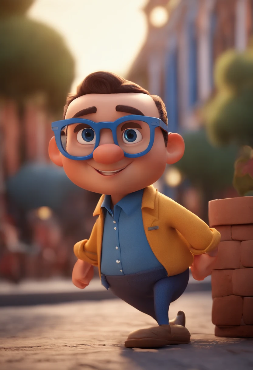 Cartoon character of a man with black glasses and a blue shirt, animation character, Caractere estilizado, animation style rendering, 3D estilizado, Arnold Maya render, 3 d render stylized, toon render keyshot, Personagem 3D, Personagem 3D, 3d rendering stylized, 3 d character render, personagem de desenho animado, Personagem de close up, Pose de personagem,  (Estilo Pixar) (master part:1.2) (Bokeh) (best quality) (pele detalhada) (textura detalhada) (8k) (argila) (Cinematic lighting) (foco nítido